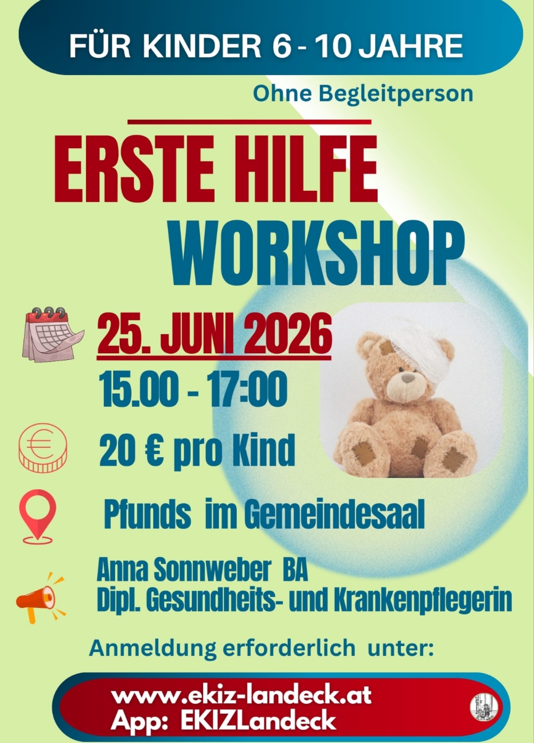 Erste Hilfe Workshop Kinder 6-10 Jahre in Pfunds 25.6.26